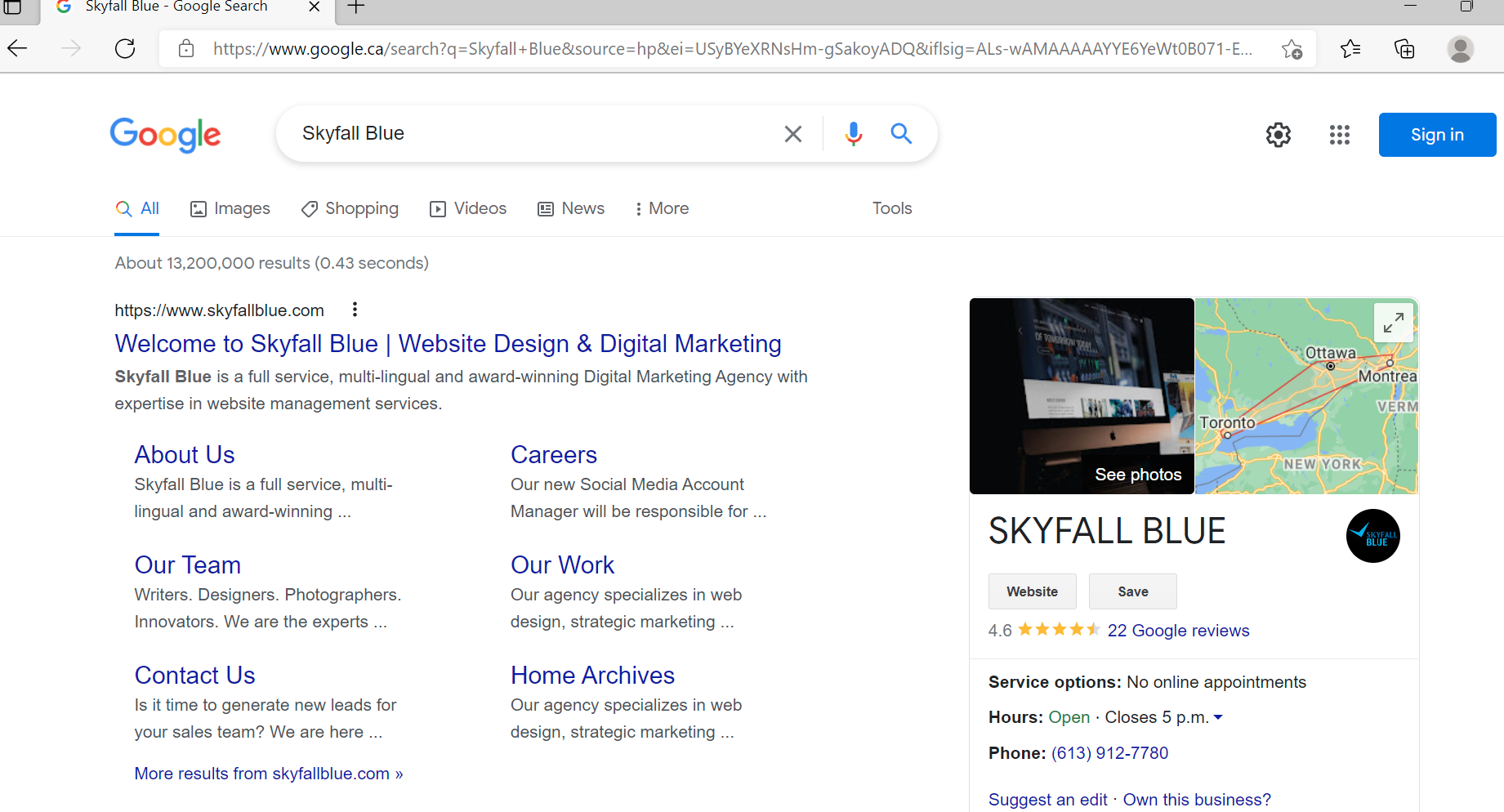 Google Business Listing featuring Skyfall Blue in Ottawa, Ontario